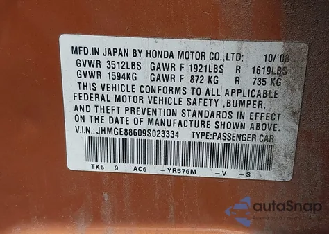 2009 Honda Fit Sport from USA, damaged, VIN JHMGE88609S023334